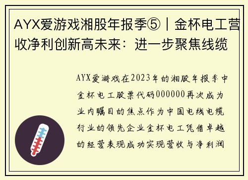 AYX爱游戏湘股年报季⑤｜金杯电工营收净利创新高未来：进一步聚焦线缆业务，驶向行业巅峰