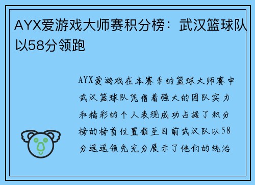 AYX爱游戏大师赛积分榜：武汉篮球队以58分领跑